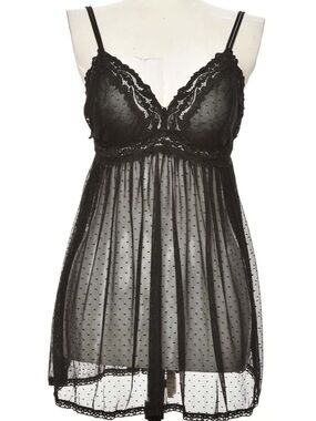 Savage X Fenty Black Lace & Dotted Mesh Babydoll Chemise